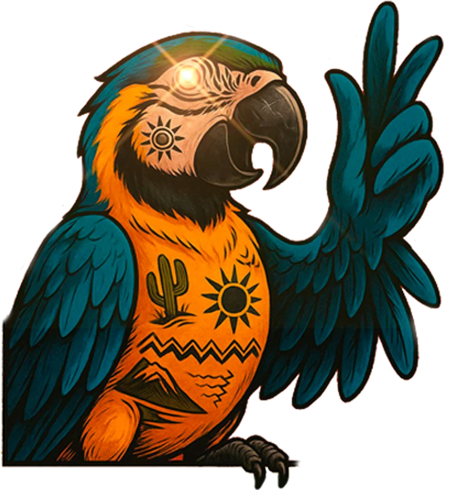 Mascote do festival: uma arara-canindé tatuada com cactos, sol e grafismos